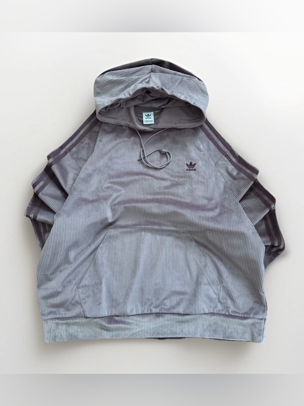 Adidas Ribbed Velour Hoodie with Trefoil Logo Gray Pullover Sweatshirt Size 2XL